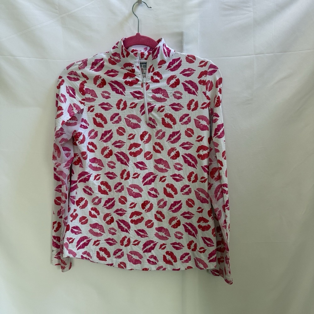 IBKUL 1/4 Zip Pullover Women S Kiss Me Kate White Pink Lips UPF 50+ Active Top‎